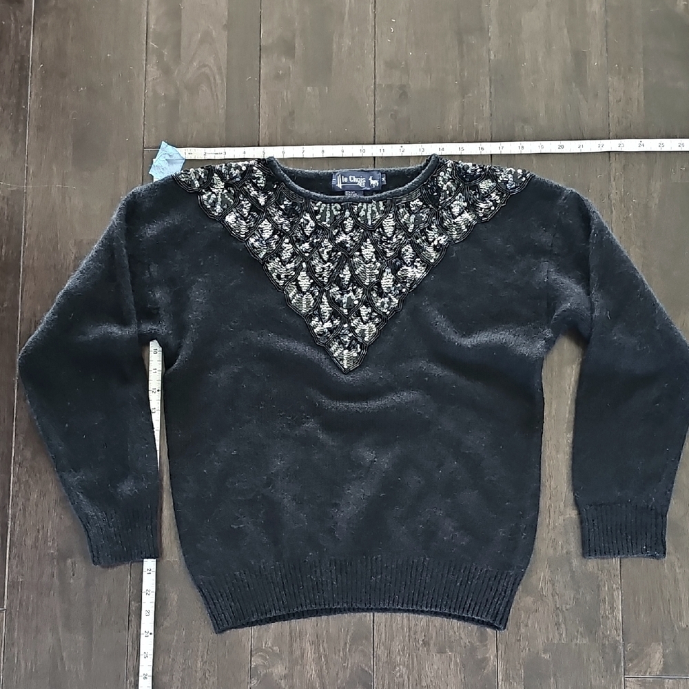 Elegant Black Silk/rabbit Hair/wool Sweater with Embellished Detail